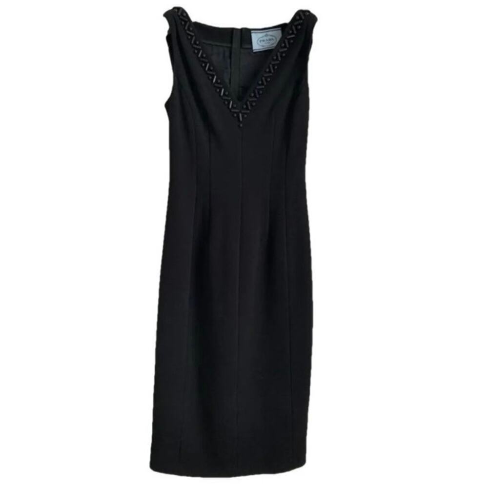 Prada Women's Black Sleeveless Beaded V Neck Sheath Dress Stretch Cocktail Wool